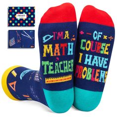 two pairs of socks with words on them