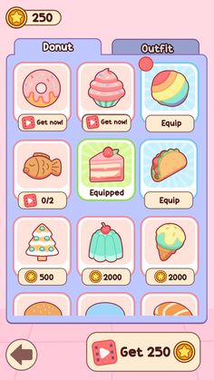 the game is showing different types of desserts and pastries, including donuts