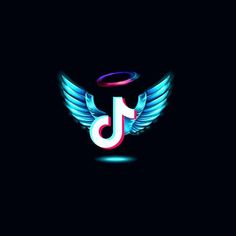 the letter j with wings in blue and pink on a black background, it is designed to