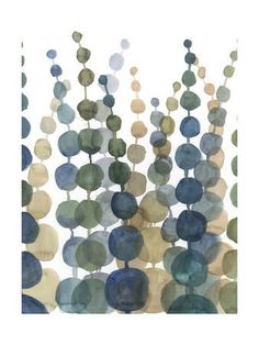 an abstract painting with blue, green and yellow circles on it's surface in gold frame