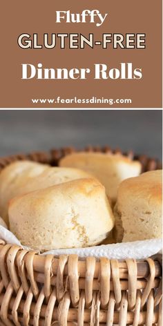 gluten - free dinner rolls in a wicker basket with text overlay