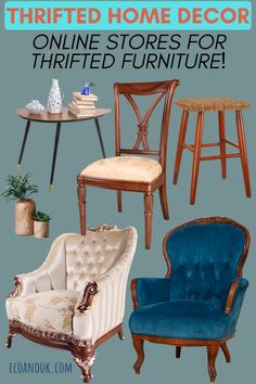 there are many different chairs and tables on this page with the words thrifted home decor online stores for thrifted furniture