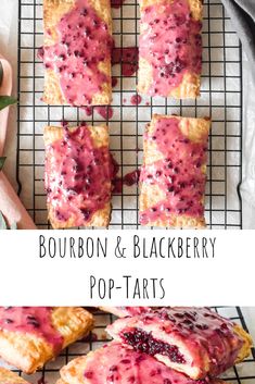 four different images of berry and blackberry pop tarts on a wire rack with pink flowers