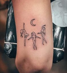 a woman's foot with three people holding hands and the moon above her head