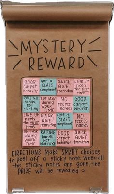 a brown paper bag with writing on it that says mystery reward in pink and blue