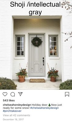 the instagram page for sw studio white shows an image of a front door with wreaths and potted plants