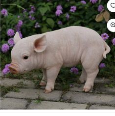 a small toy pig standing on top of a brick walkway next to flowers and bushes