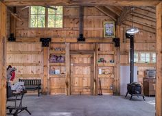 the inside of a building with wood paneling