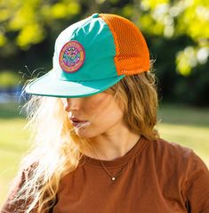 Telluride Town of Plenty Running Hat Teal and orange, nylon/mesh running hat. Belt strap adjustment. Designed and sold in Telluride, Colorado Teal And Orange, Telluride Colorado, Running Hats, Trucker Cap, Caps Hats, Colorado, Accessories Hats, Bathing Beauties, Mesh