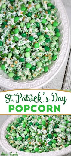 two white plates filled with green popcorn and sprinkles next to each other