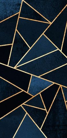 an abstract black and gold wallpaper with geometric shapes in the middle, on a dark blue background