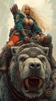 a woman riding on the back of a bear