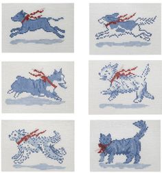 four cross stitch pictures of dogs running in the snow with red ribbons on their collars