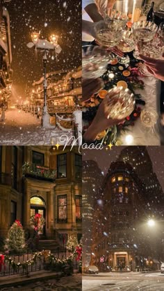 a collage of photos with christmas lights and buildings