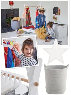 a collage of photos with children's clothes hanging on hooks, and stars