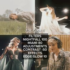 four different pictures of people in costumes and headphones, with text reading foll klokre filters nightfail 100 miami 80 adjustments contrasts contrast 50 effects edges edge glow 10