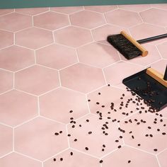 a mop and some black seeds on a pink tiled floor