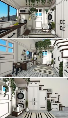 three different views of a kitchen and living room from the perspective of an open floor plan