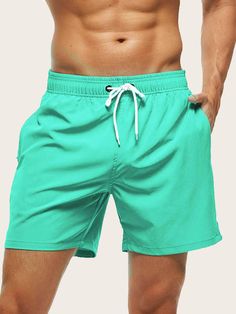 Men Drawstring Waist Swim Trunks Mint Green Boho   Fabric Plain  Slight Stretch  Men Clothing, size features are:Bust: ,Length: ,Sleeve Length: Mens Short Swim Trunks, Mens Gym Shorts, Summer Beach Shorts, Paisley Shorts, Men's Swimwear, 50 Style, Beach Pants, Mens Swim Trunks, Beach Shorts