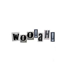 the word wow in cut out letters on a white background with black and grey accents