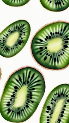 slices of kiwi fruit are arranged in a pattern on a white background with black dots