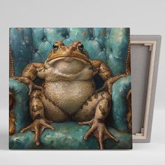 a painting of a frog sitting on top of a blue chair with its eyes open