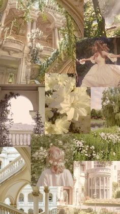 a collage of photos with white flowers in the foreground and an ornate building in the background