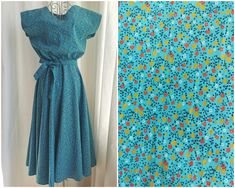 Vintage boho summer dress from the 1980's. Women's summer dress with tiny flowers print in turquoise blue, yellow and red. The dress has short raglan sleeves, v-neck, elastic waist and full circle skirt, that falls free below the knees. Zips on the side. Comes with a matching belt. Perfect for summer months! Material: Not marked. Feels like pure cotton. Size: Missing tag. Estimated size is XXS/XS. To be sure this item would fit you, please check the measurements below. Approximate Measurements ( Vintage Blue Dress With Ditsy Floral Print, Vintage Turquoise Dress For Summer, Vintage Turquoise Summer Dress, Retro Turquoise Dress For Spring, Homemade Closet, 50s Inspired Fashion, Full Circle Dress, Green Plaid Dress, Cottage Dress