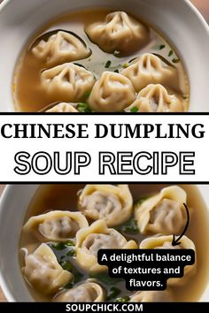 dumpling soup recipe in a white bowl with text overlay