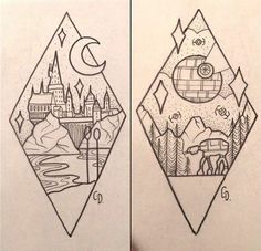 two different designs on paper with one showing an image and the other depicting a landscape