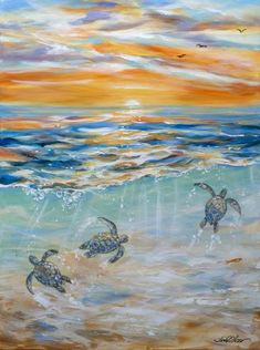 three sea turtles swimming in the ocean at sunset