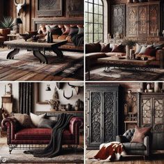 four different pictures of an old fashioned living room