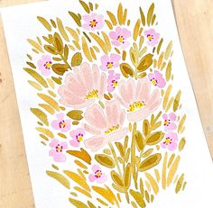 a drawing of pink flowers on white paper