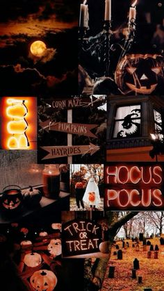 halloween collage with pumpkins, witches and other things in the background that include signs