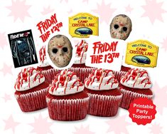 friday the 13th cupcakes are decorated with red and white frosting