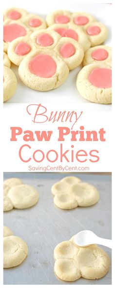 some cookies that have been cut in half and are on a cookie sheet with the words, bumm paw print cookies