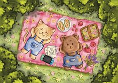 a painting of two teddy bears on a picnic blanket