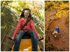 two pictures, one with a woman riding a bike and the other with a dog on a motorcycle