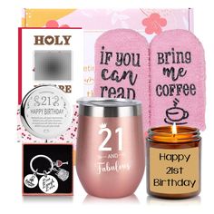 a pink gift set with two personalized hand towels, a candle and some other items