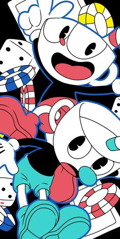 an image of some cartoon characters on a black and white background with red, yellow, blue, and green colors