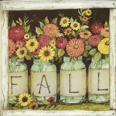 three mason jars filled with flowers and the word fall painted on them in white frame