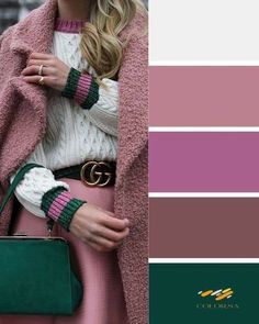 a woman wearing a pink coat, white sweater and green handbag in front of a color palette