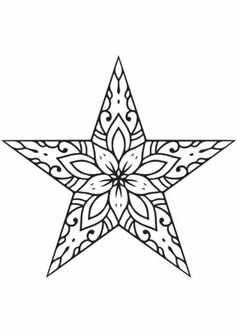 a black and white drawing of a star with intricate designs on it's side