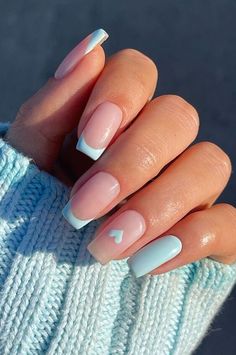 Short square acrylic nails with light blue French tips and heart design Short French Tip Nails, Cute Simple Nails, Simple Gel Nails, Short Acrylic Nails Designs, Short Acrylic Nails, Nail Arts, French Tip Nails, Square Nails