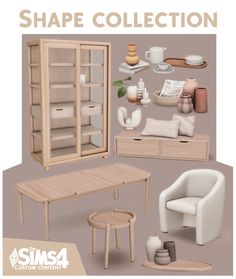 a collection of furniture is shown with the words shape collection written below it in white