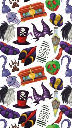 an image of halloween wallpaper with skulls and hats on it's face,