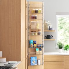 a kitchen with wooden cabinets and shelves filled with food