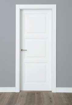 an empty room with a white door and wood flooring in front of a gray wall