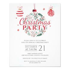 a christmas party flyer with ornaments on it