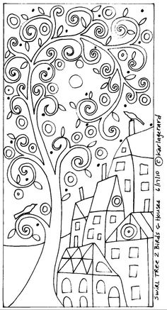 a drawing of a tree with swirly branches and houses in the background, on a white